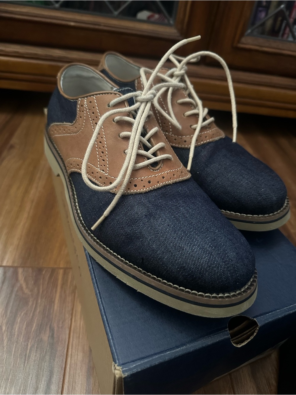 G.H. Bass & Co. Navy Denim and Tan Leather Wingtip Oxfords